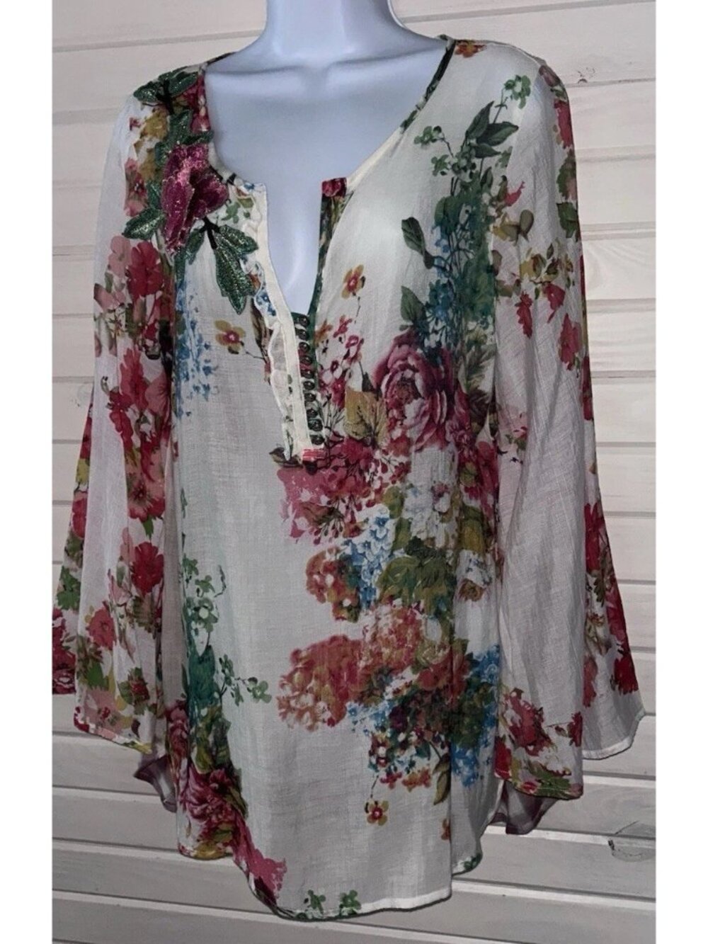 Soft Surroundings Sz MEDIUM Flower District Tunic Top Embroidered Appliqué EUC